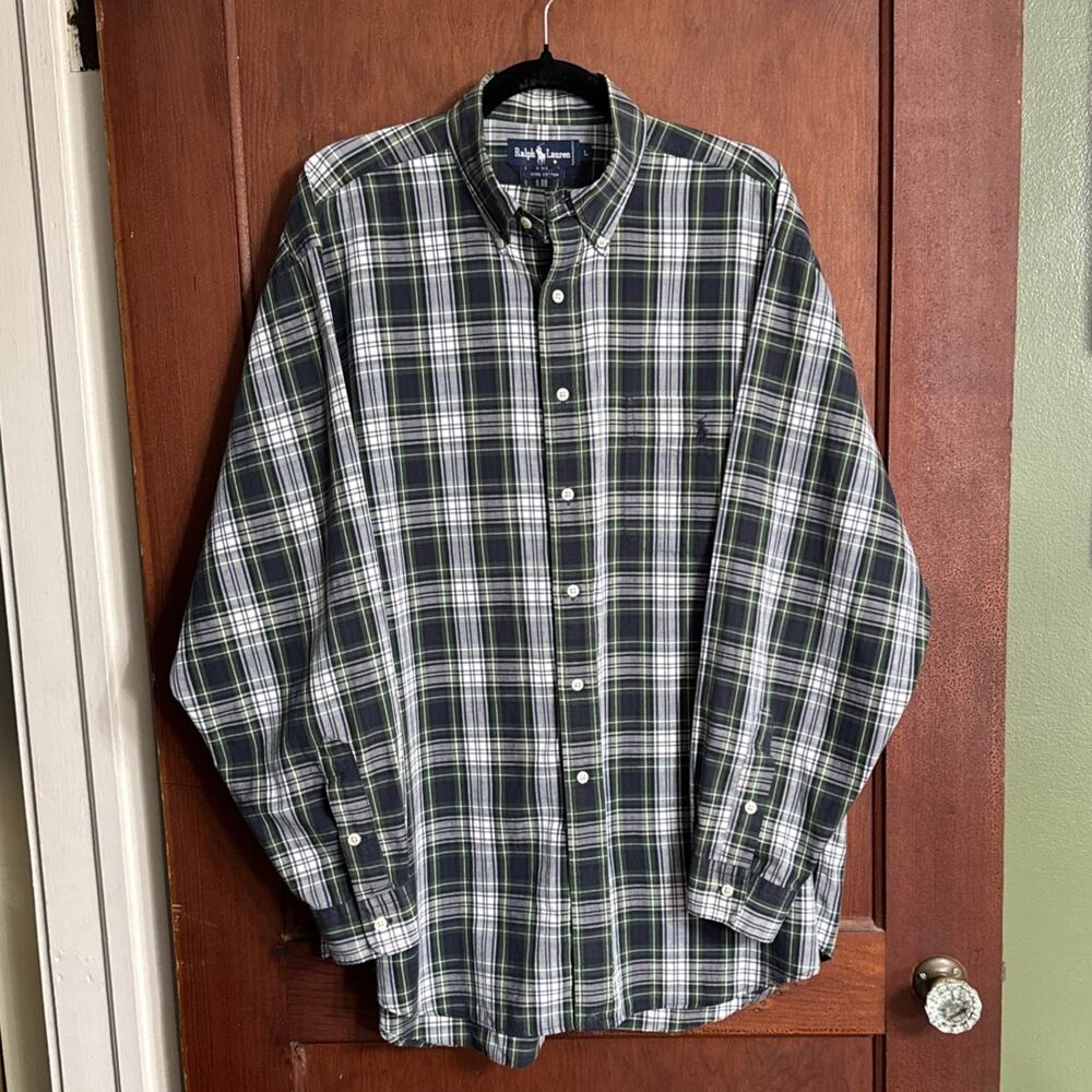 Vintage 80s 90s Ralph Lauren Men’s L Plaid Button Down Shirt 100% Cotton